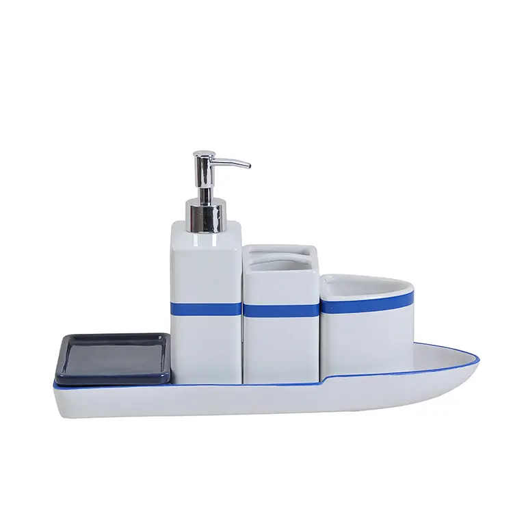 White & Blue Boat - Shaped Dolomite Bathroom 5 - Piece Set