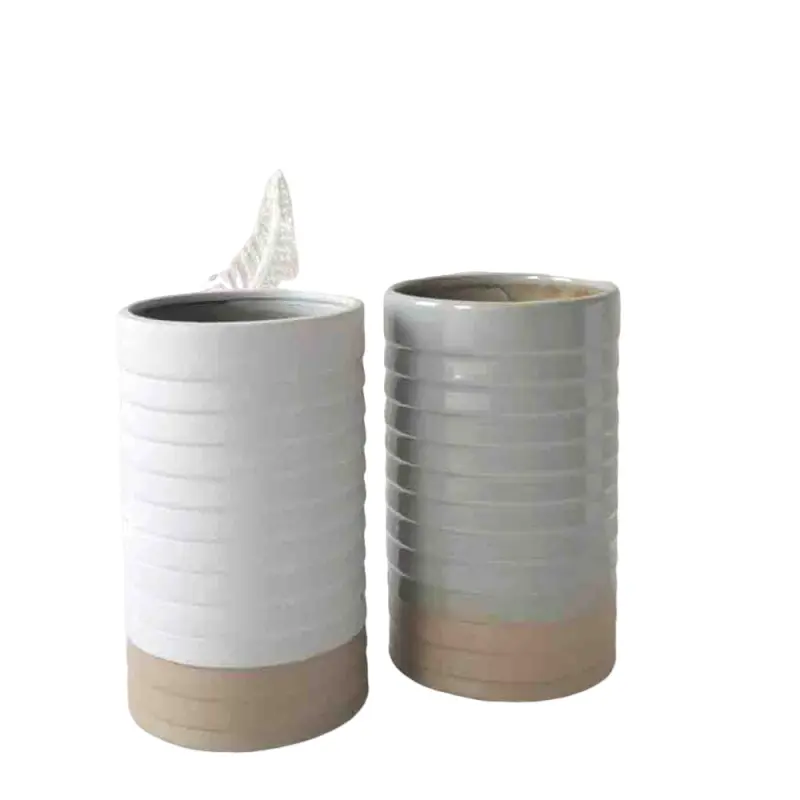 Morandi Color Ribbed Two-Tone Stoneware Vase