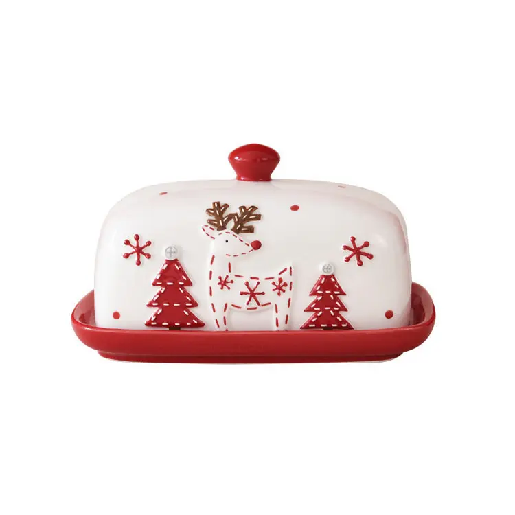 Christmas Reindeer & Tree Pattern Ceramic Covered Cookie Dish