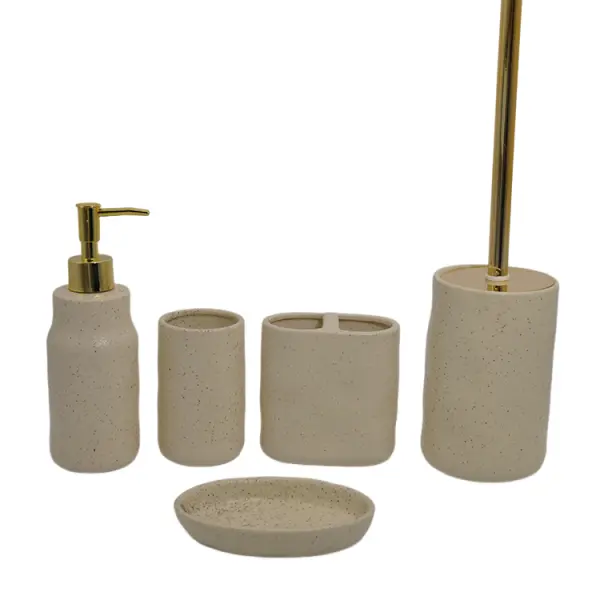 Cream White with Black Speckles Stoneware Bathroom 5-Piece Set
