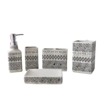 Cream White & Black Geometric Tribal Ceramic Bathroom 5-Piece Set