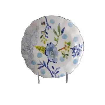 Watercolor - Style Blue & White Floral Scalloped - Edge Ceramic Dinner Plate