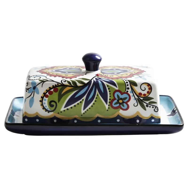 Bohemian Hand-Painted Floral Ceramic Butter Dish Set