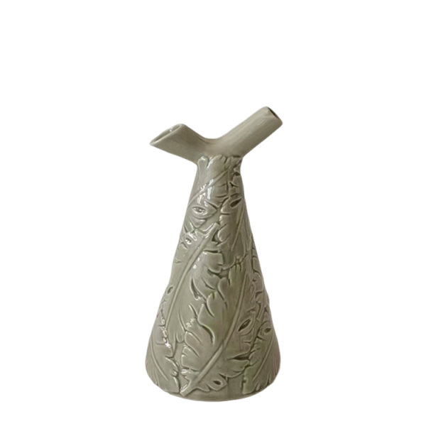 Gray - Green Embossed Leaf - Patterned Ceramic Vase with Forked Mouth