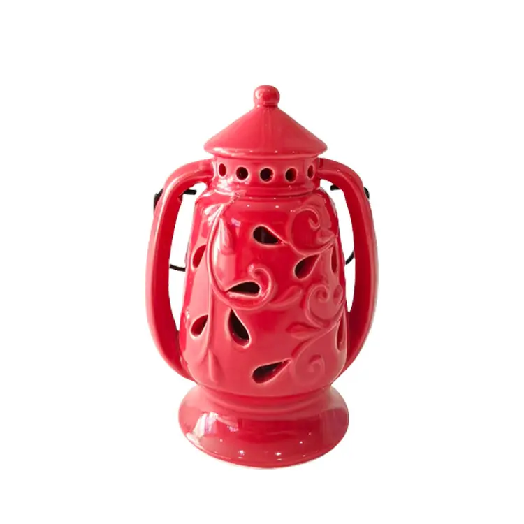 Red Cut - Out Vine - Patterned Dolomite Lantern - Shaped Candle Holder