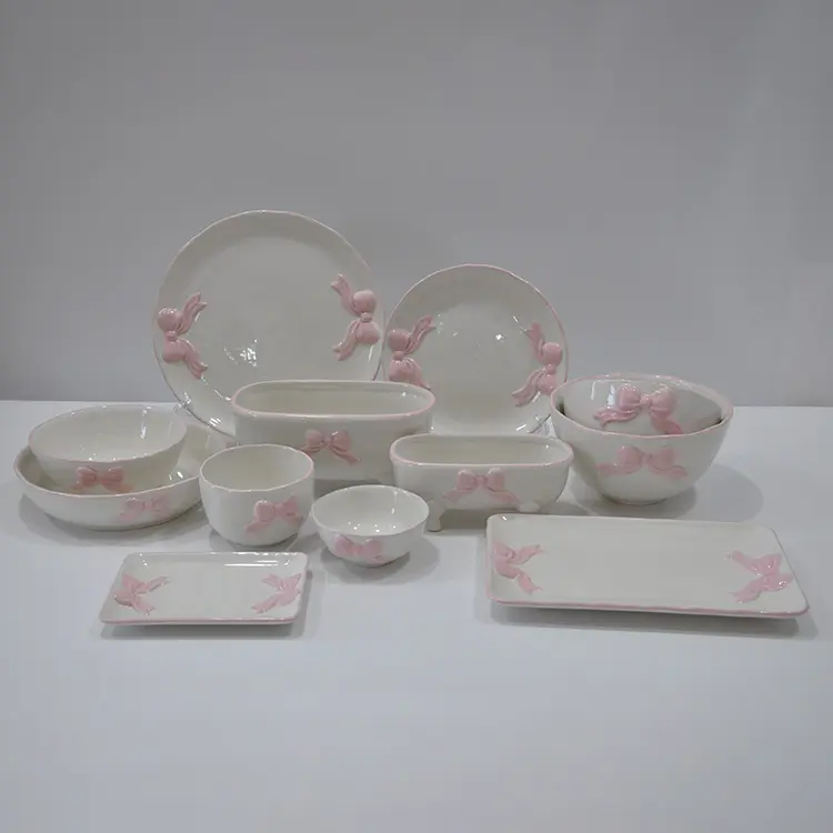 Artisan Bow-Embossed Dolomite Dinnerware Set – 12-Piece Hand-Painted Ceramic ...