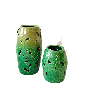 Artistic Gradient Green Tropical Leaf Embossed Cutout Ceramic Candle Holder with Handles