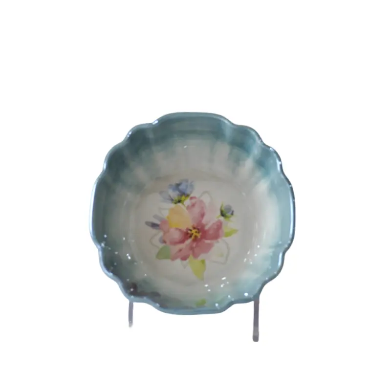 Romantic Hand-Painted Floral Blue-Green Gradient Petal-Edge Ceramic Bowl