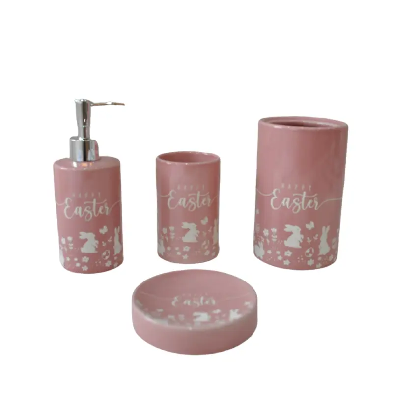 Easter-Themed Pink-White Rabbit Printed Dolomite Bathroom Accessory Set