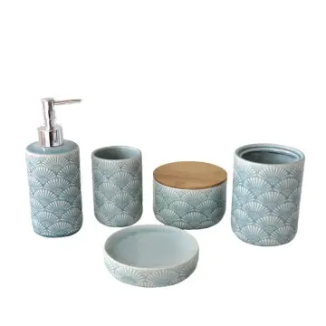Light Blue-Green Fan-Pattern Ceramic Bathroom 5-Piece Set