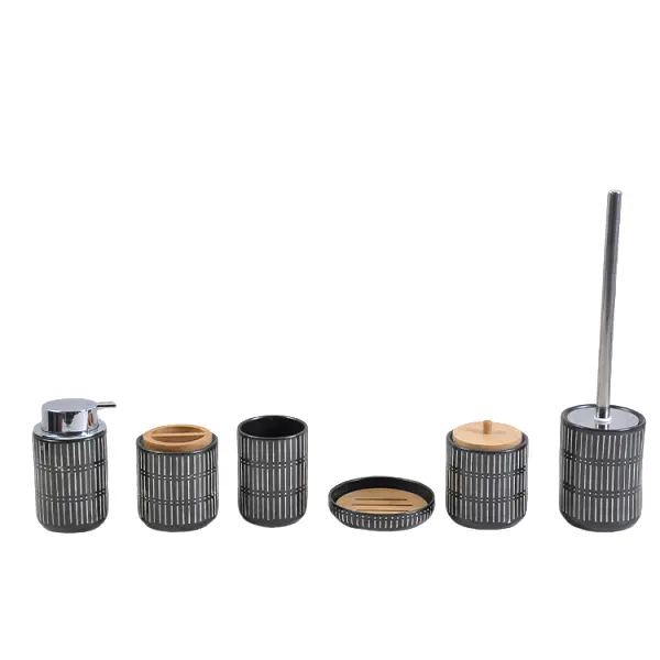 Black & White Vertical - Stripe Stoneware Bathroom 6 - Piece Set