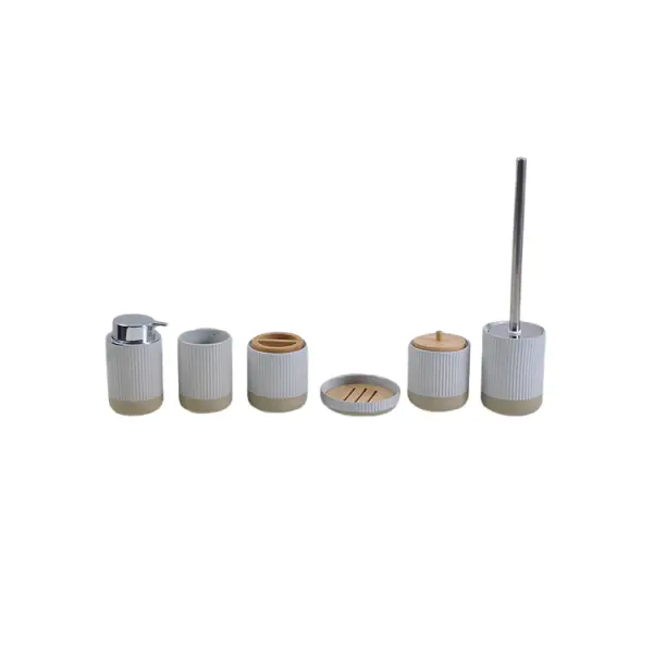 Light Gray & Beige Ribbed - Texture Stoneware Bathroom 6 - Piece Set