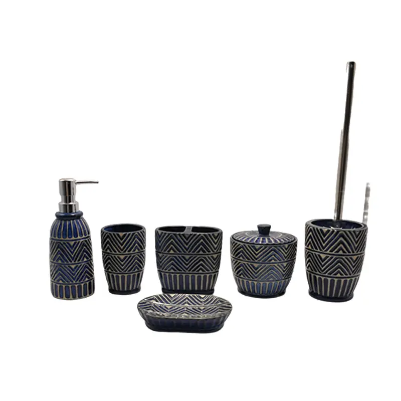 Blue & White Geometric Tribal - Patterned Stoneware Bathroom 6 - Piece Set