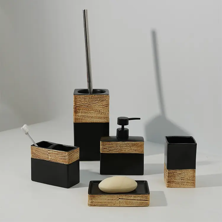 Woodgrain-Print Ceramic Bathroom 5-Piece Set – Hotel & Home Supplies