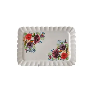 Hand - Painted Multicolored Floral Ceramic Rectangular Scalloped - Edge Tray