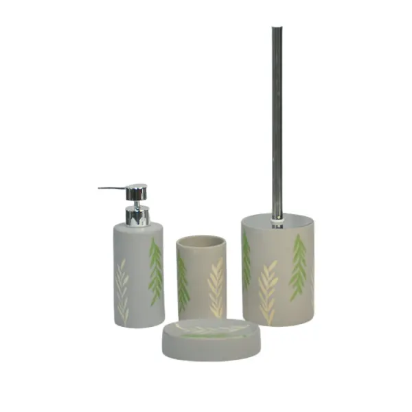 Light Gray Base Green White Botanical Print Stoneware Bathroom 5-Piece Set