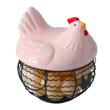 Macaron Pink Distressed Ceramic Hen Lid Iron Wire Basket Storage Decor