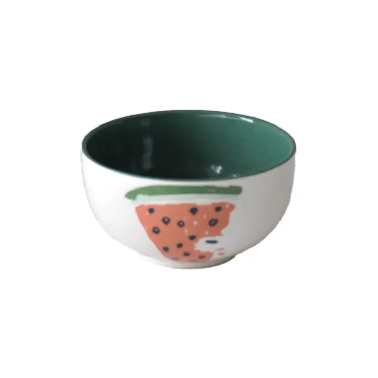 Hand - Painted Watermelon - Patterned Ceramic Bowl with Green Interior