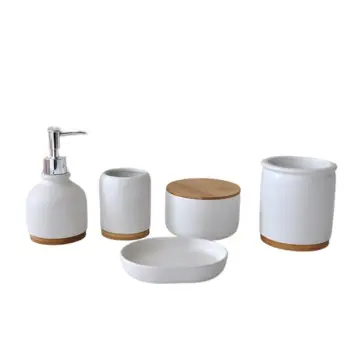 Nordic Minimalist Ceramic & Bamboo Bathroom Accessory Set