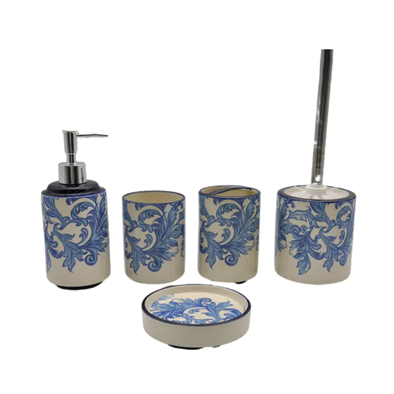 Blue - White Scroll Pattern Stoneware Bathroom 5 - Piece Set