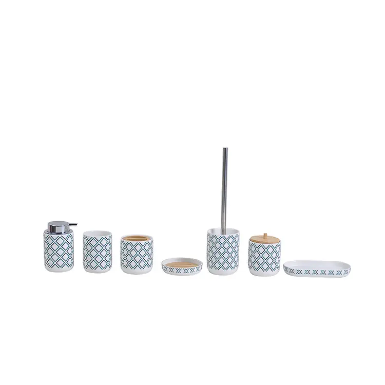 Teal & White Geometric - Patterned Stoneware Bathroom 7 - Piece Set