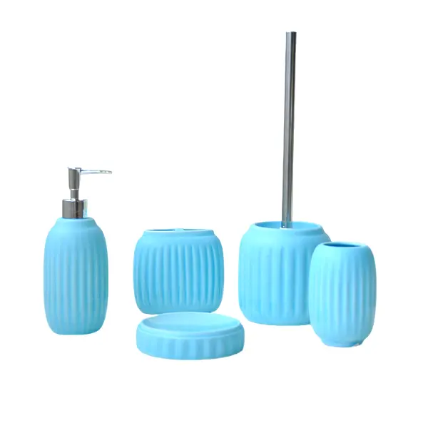 Sky - Blue Vertical - Ribbed Stoneware Bathroom 5 - Piece Set