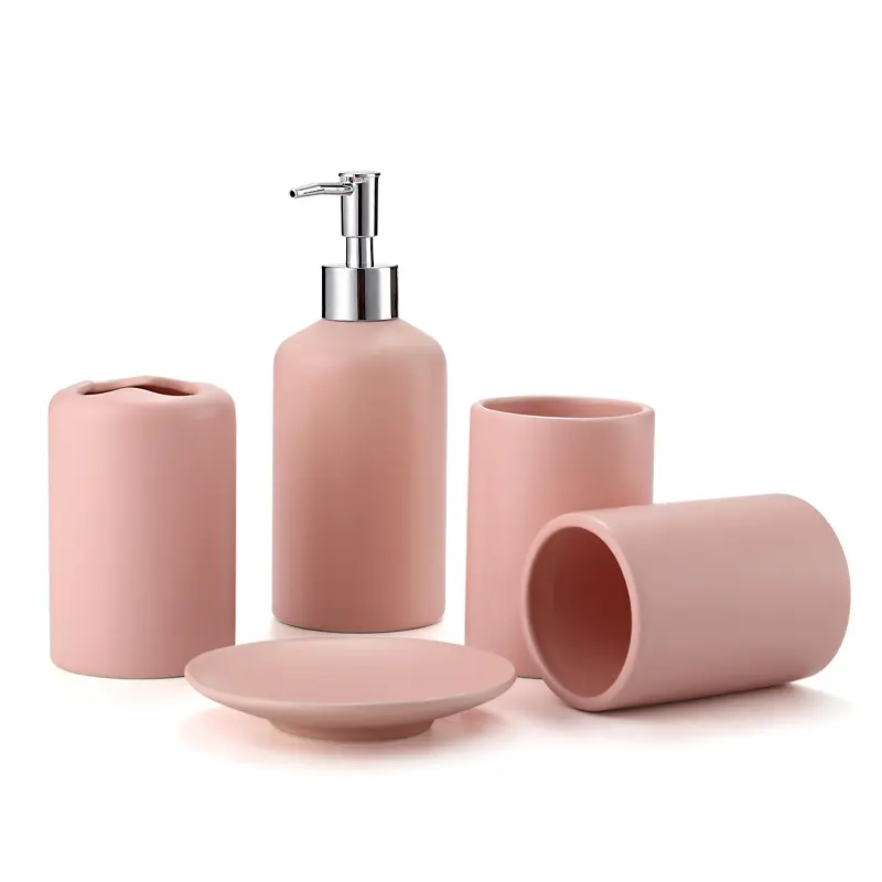 Morandi Pink Minimalist Matte Ceramic Bathroom 4-Piece Set