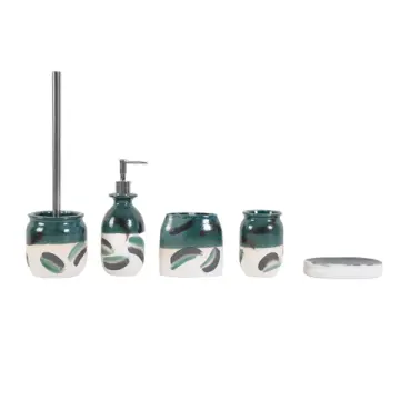 Artistic Hand - Painted White - Green Brushstroke Ceramic Bathroom Accessory Set