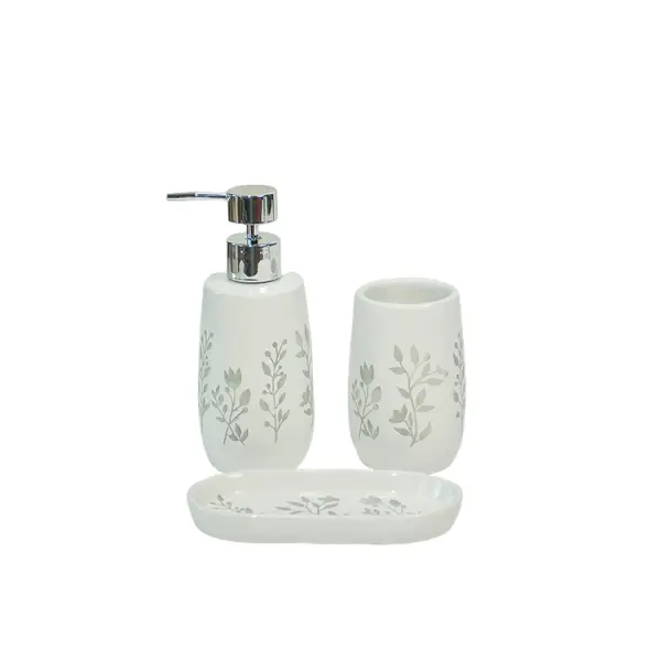 White Base Gray Botanical Print Dolomite Bathroom 3-Piece Set