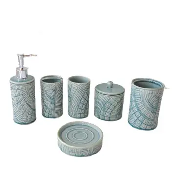 Bohemian Geometric - Textured Turquoise Ceramic 6 - Piece Bathroom Set | Artisanal Design JS21306