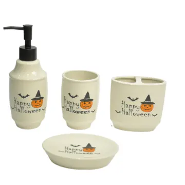 Halloween Pumpkin, Witch Hat & Bat Patterns Stoneware Bathroom Set
