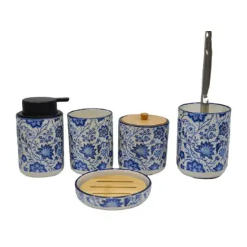 Blue - White Floral Decaled Glossy Glazed Stoneware Bathroom 5 - Piece Set