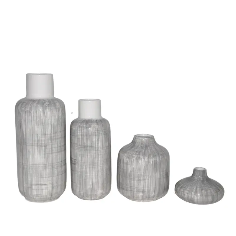 Modern Minimalist Grey  White Line Patterned Ceramic Vase Set