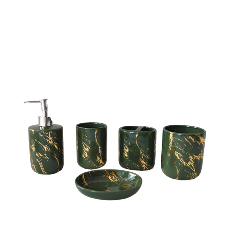Dark Green Veined Marble - Patterned Ceramic Bathroom 5 - Piece Set