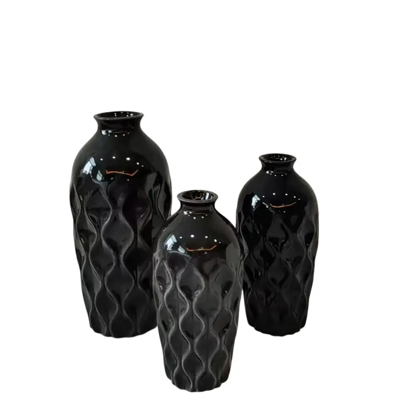 Modern Minimalist Black Wave Relief Ceramic Vase Set