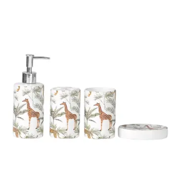 Tropical Giraffe & Plant Print Ceramic Bathroom Accessory Set