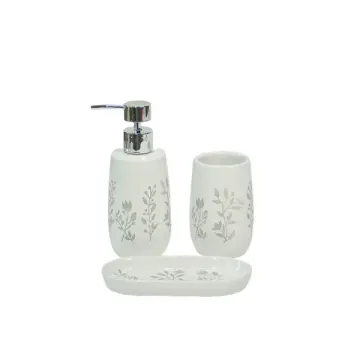 White Base Gray Botanical Print Dolomite Bathroom 3-Piece Set