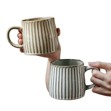Retro Vertical Striped Embossed Ceramic Mug with Spoon