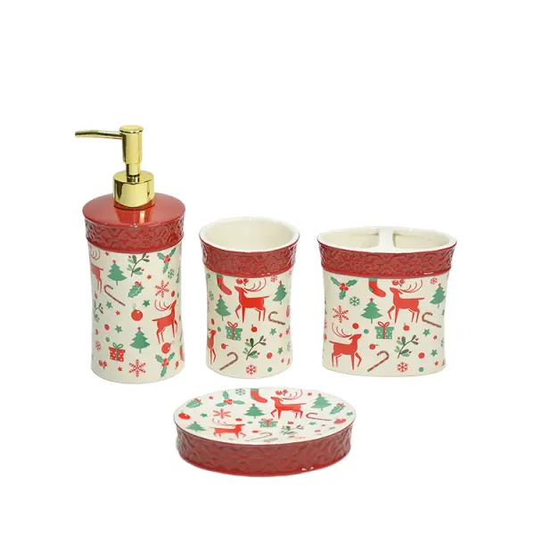 Christmas Red Trim Reindeer & Christmas Tree Ceramic Bathroom 4-Piece Set
