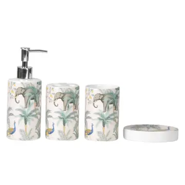 Tropical Jungle Elephant & Peacock Ceramic Bathroom 4-Piece Set