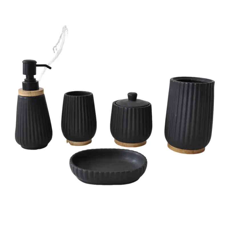 Matte Black Ribbed Ceramic Bathroom 5-Piece Set with Wood Base