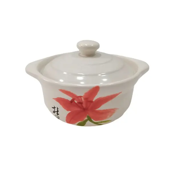 White Casserole with Red Lotus Blossom
