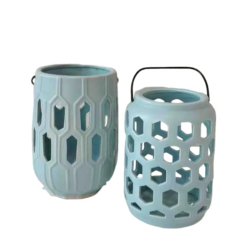 Modern Light Blue Hexagonal Cutout Ceramic Lantern Set