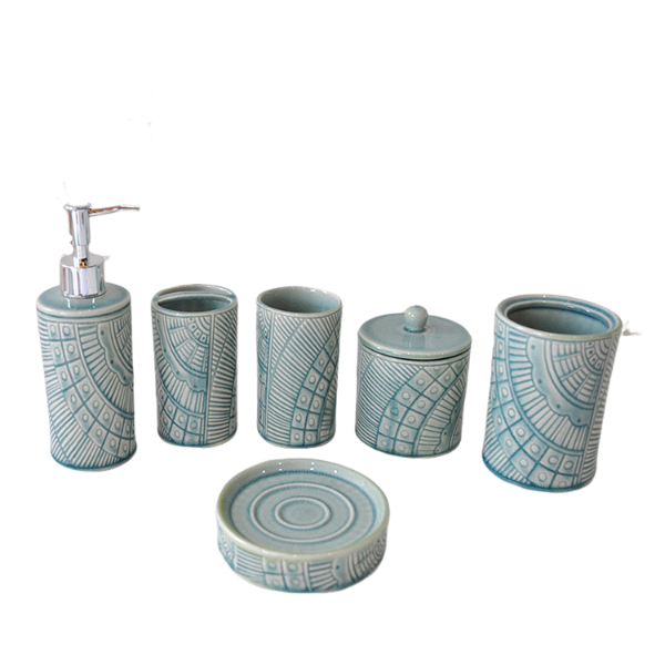 Bohemian Geometric - Textured Turquoise Ceramic 6 - Piece Bathroom Set | Artisanal Design JS21306