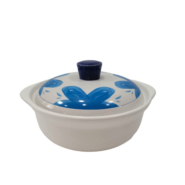White Casserole with Blue Floral Pattern