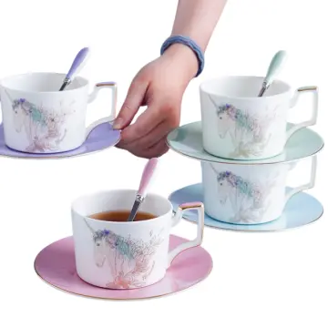 Fairy Tale Unicorn Hand-Painted Multicolor Ceramic Cup and Saucer Set