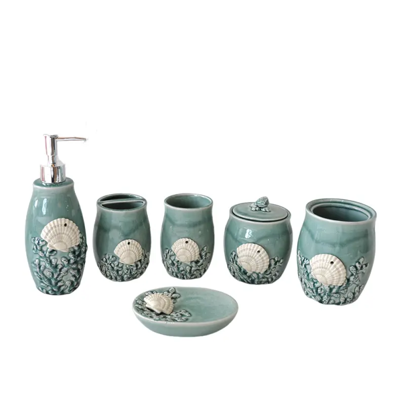Teal Glaze 3D Shell & Coral Ceramic Bathroom 6-Piece Set