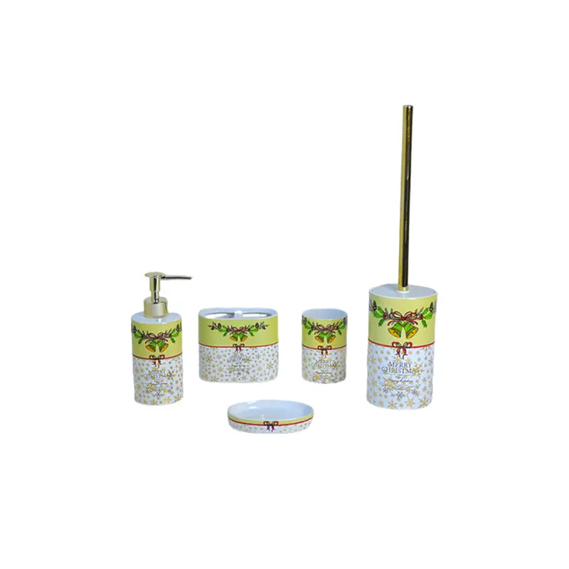 Yellow - White Christmas Bell & Snowflake Stoneware Bathroom 5 - Piece Set