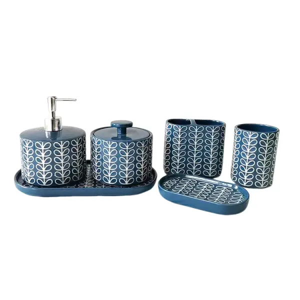 Nordic - Style Blue & White Geometric Leaf - Patterned Ceramic 6 - Piece Bathroom Accessory Set