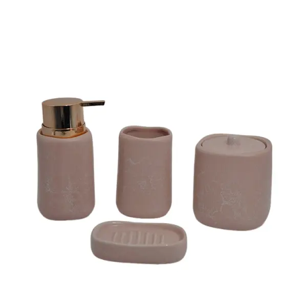 Matte Pink Veined Ceramic Bathroom 4-Piece Set